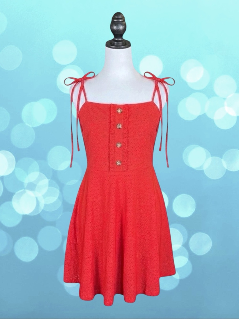 Speechless Sundress Red Eyelet Lace Tie Shoulder Faux Button Front Party XL NWT